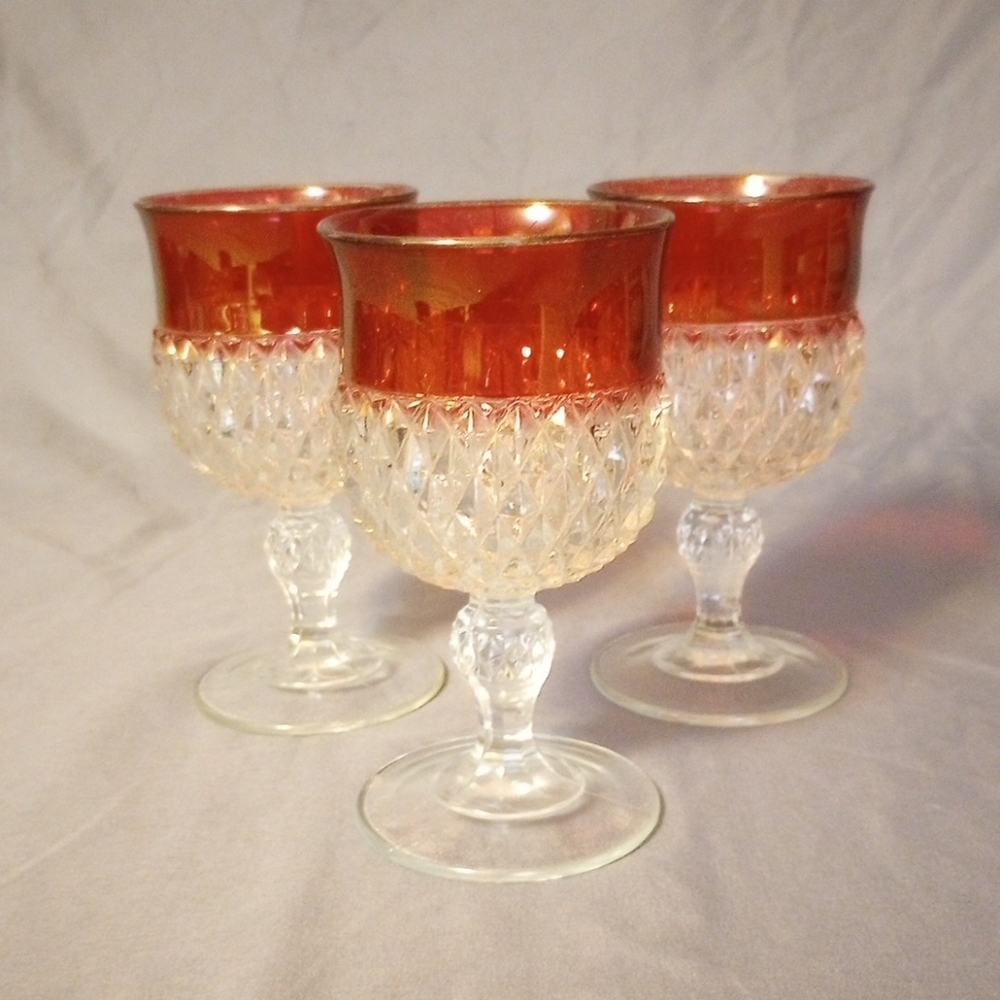 Vintage 1960s Indiana Glass Diamond Point Ruby Red Flash Water Goblets S…